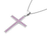2.5 mm Round Pink Sapphire Ladies Religious Cross Pendant 10K White Gold