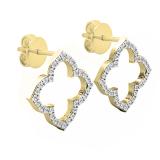 0.10 Carat (ctw) Round White Diamond Ladies Clover Shaped Stud Earrings 1/10 CT 18K Yellow Gold