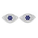 Round Blue Sapphire & White Diamond Ladies Eye Stud Earrings 10K White Gold