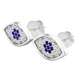 Round Blue Sapphire & White Diamond Ladies Eye Stud Earrings 10K White Gold