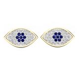 Round Blue Sapphire & White Diamond Ladies Eye Stud Earrings 14K Yellow Gold