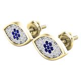 Round Blue Sapphire & White Diamond Ladies Eye Stud Earrings 14K Yellow Gold