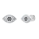 Round Blue Sapphire & White Diamond Ladies Eye Stud Earrings Sterling Silver