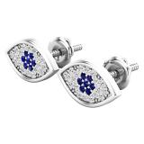 Round Blue Sapphire & White Diamond Ladies Eye Stud Earrings Sterling Silver