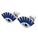 Round Blue Sapphire Ladies Eye Lashes Evil Stud Earrings, 10K White Gold