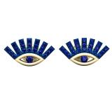 Round Blue Sapphire Ladies Eye Lashes Evil Stud Earrings, 14K Yellow Gold