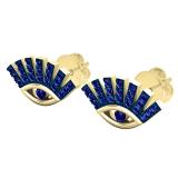Round Blue Sapphire Ladies Eye Lashes Evil Stud Earrings, 14K Yellow Gold