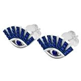 Round Blue Sapphire Ladies Eye Lashes Evil Stud Earrings, Sterling Silver