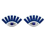 Round Blue Sapphire Ladies Eye Lashes Evil Stud Earrings, Sterling Silver