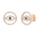 0.20 Carat (ctw) Round Blue & White Diamond Ladies Evil Eye Stud Earrings 1/5 CT 18K Rose Gold