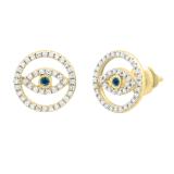 0.20 Carat (ctw) Round Blue & White Diamond Ladies Evil Eye Stud Earrings 1/5 CT 18K Yellow Gold