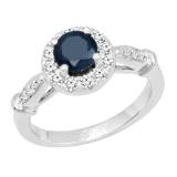 6 MM Round Blue Sapphire & White Diamond Ladies Bridal Halo Style Engagement Ring 14K White Gold