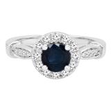 6 MM Round Blue Sapphire & White Diamond Ladies Bridal Halo Style Engagement Ring 14K White Gold