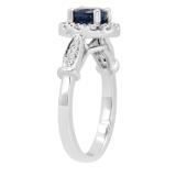 6 MM Round Blue Sapphire & White Diamond Ladies Bridal Halo Style Engagement Ring 14K White Gold
