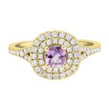 4.5 MM Cushion Amethyst & Round Diamond Ladies Bridal Double Halo Engagement Ring, 10K Yellow Gold