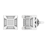0.14 Carat (ctw) Round White Diamond Mens Square Cluster Stud Earrings Sterling Silver