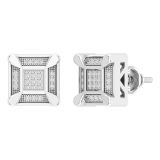 0.14 Carat (ctw) Round White Diamond Mens Square Cluster Stud Earrings Sterling Silver