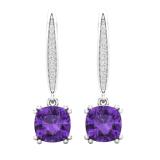7 MM Cushion Amethyst & Round White Diamond Ladies Dangling Drop Earrings, 10K White Gold