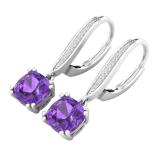 7 MM Cushion Amethyst & Round White Diamond Ladies Dangling Drop Earrings, 10K White Gold