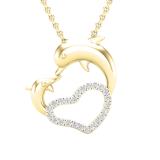 0.15 Carat (ctw) Round Diamond Ladies Dolphin Heart Pendant (Gold Chain Included) 14K Yellow Gold