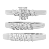 Round & Baguette Diamond Rectangle Frame Matching Wedding Trio Ring Set for Him & Her (0.10 ctw, Color I-J, Clarity I2-I3) in 10K White Gold