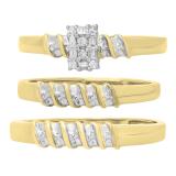 Round & Baguette Diamond Rectangle Frame Matching Wedding Trio Ring Set for Him & Her (0.10 ctw, Color I-J, Clarity I2-I3) in 10K Yellow Gold
