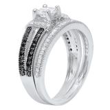 5 mm Round White Sapphire with Round Black & White Diamond Ladies Split Shank Engagement Ring Set Sterling Silver