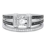 5 mm Round White Sapphire with Round Black & White Diamond Ladies Split Shank Engagement Ring Set Sterling Silver