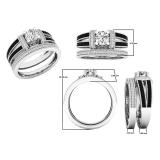 5 mm Round White Sapphire with Round Black & White Diamond Ladies Split Shank Engagement Ring Set Sterling Silver