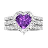 7 MM Heart Amethyst & Round White Diamond Ladies Engagement Ring Double Band Set 18K White Gold