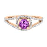 5.6 MM Round Amethyst & White Diamond Ladies Bridal Split Shank Engagement Ring, 10K Rose Gold