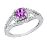 5.6 MM Round Amethyst & White Diamond Ladies Bridal Split Shank Engagement Ring, 10K White Gold