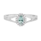 5X3 MM Oval Aquamarine & Round Diamond Ladies Halo Split Shank Engagement Ring, Sterling Silver