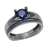 Black Rhodium Plated Round Blue Sapphire Ladies Bridal Engagement Ring Set 18K White Gold