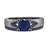 Black Rhodium Plated Round Blue Sapphire Ladies Bridal Engagement Ring Set 18K White Gold