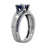 Black Rhodium Plated Round Blue Sapphire Ladies Bridal Engagement Ring Set 18K White Gold