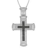 1.38 Carat (ctw) Round Black & White Diamond Mens Hip Hop Religious Cross Pendant Sterling Silver