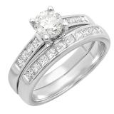 1.35 Carat (ctw) Princess & Round White Diamond Ladies Engagement Ring Set 10K White Gold
