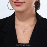Round Ruby & White Diamond Ladies Cross Pendant (Silver Chain Included), 10K Rose Gold
