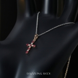 Round Ruby & White Diamond Ladies Cross Pendant (Silver Chain Included), 10K Rose Gold