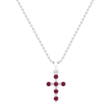 Round Ruby & White Diamond Ladies Cross Pendant (Gold Chain Included), 10K White Gold