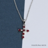 Round Ruby & White Diamond Ladies Cross Pendant (Gold Chain Included), 10K White Gold