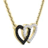 0.10 Carat (ctw) Round Black & White Diamond Ladies Double Heart Pendat 1/10 CT 18K Yellow Gold