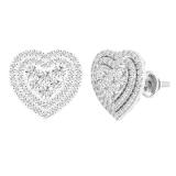 1.10 Carat (ctw) Round Diamond Ladies Cluster Double Heart frame Stud Earrings 1 CT 14K White Gold