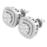0.50 Carat (ctw) Round Diamond Ladies Double Cushion Frame Stud Earrings 1/2 CT Sterling Silver