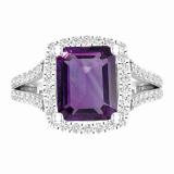 9X8 MM Octagon Amethyst & Round White Diamond Ladies Bridal Halo Engagement Ring Sterling Silver