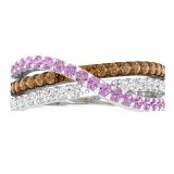Round Pink Sapphire White & Brown Diamond Ladies Swirl Cocktail Right Hand Ring 18K White Gold