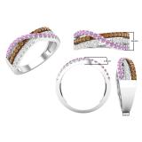 Round Pink Sapphire White & Brown Diamond Ladies Swirl Cocktail Right Hand Ring 18K White Gold