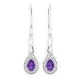 6X4 mm Each Pear Amethyst & Round White Diamond Ladies Infinity Swirl Halo Style Dangling Drop Earrings, 14K White Gold