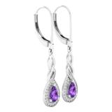 6X4 mm Each Pear Amethyst & Round White Diamond Ladies Infinity Swirl Halo Style Dangling Drop Earrings, Sterling Silver